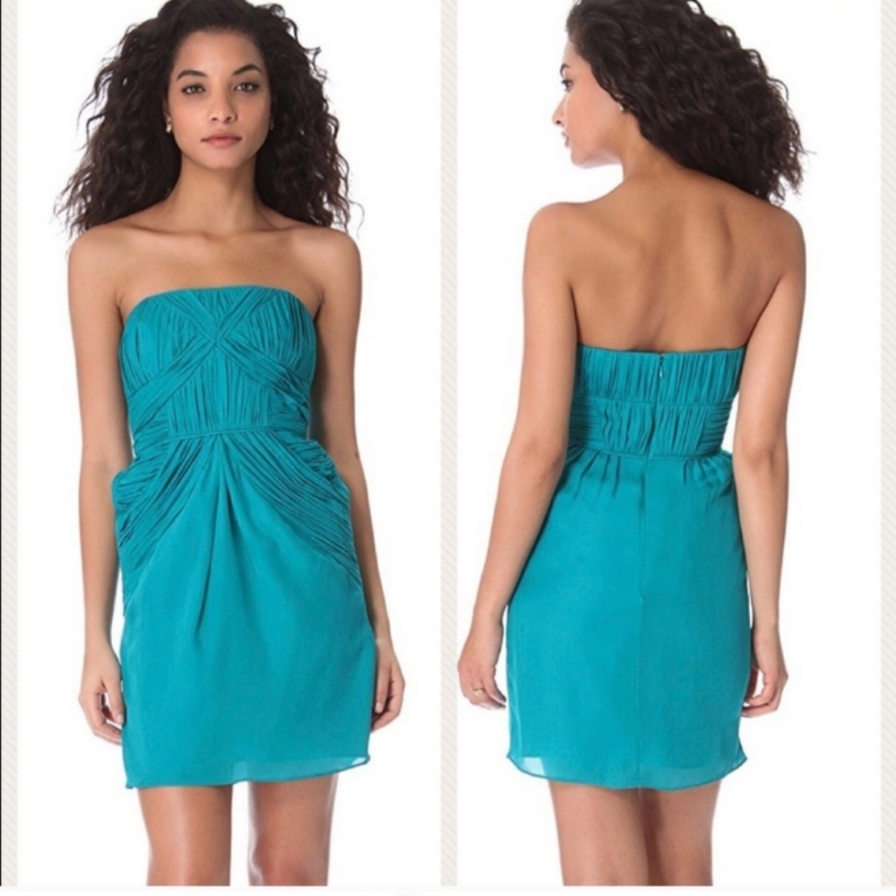 Shoshanna Nahla Mini Dress Teal Strapless - Perfect wedding guest outfit